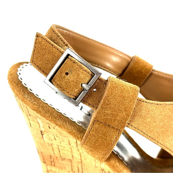 Bebe Brown Suede Open Toe Cork Wedges - Picture 6 of 8